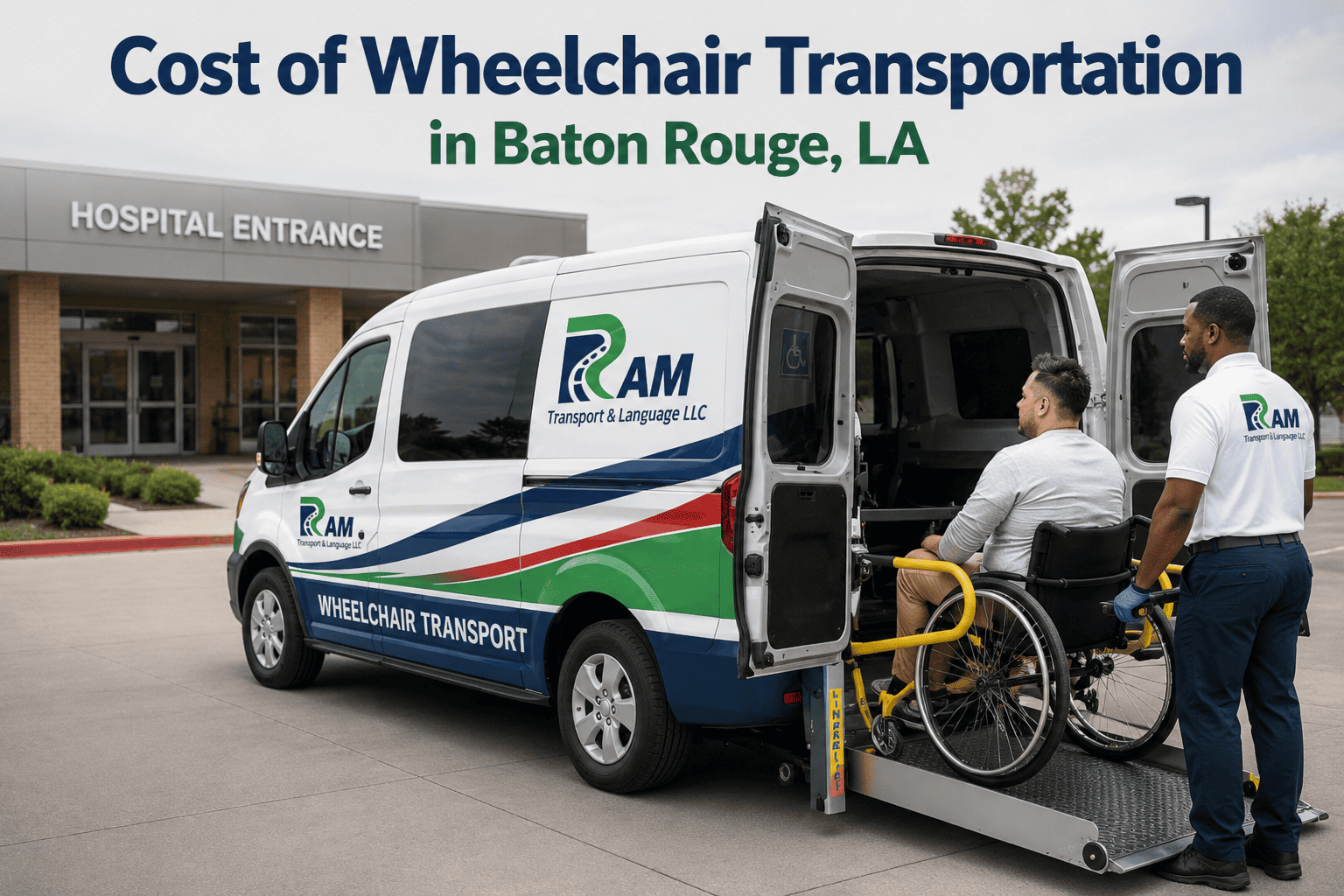 RAM Transport & Language LLC wheelchair-accessible van assisting a patient at a hospital entrance in Baton Rouge, LA, highlighting safe and reliable non-emergency medical transportation services.