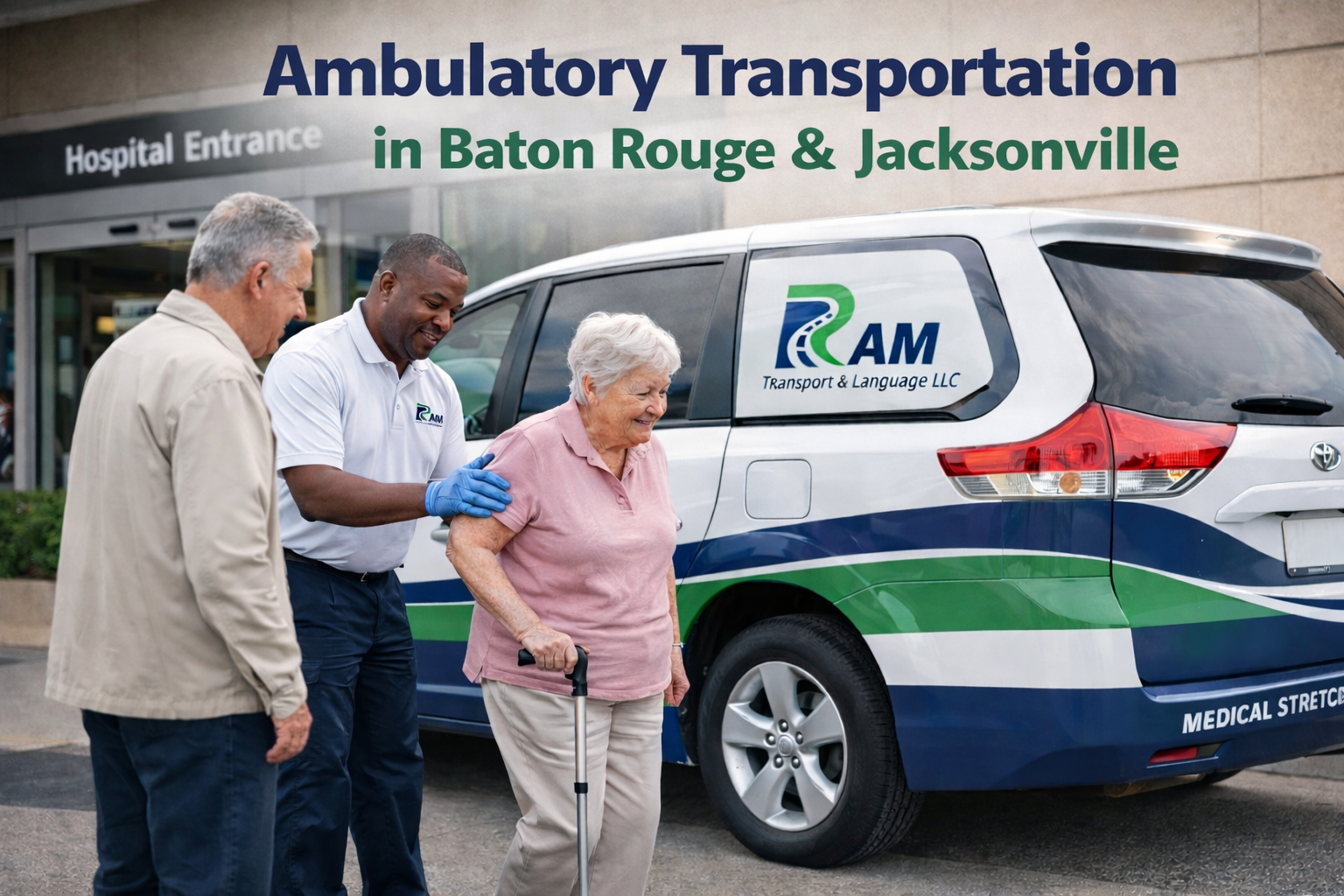 Ambulatory transportation service by Ram Transport & Language LLC in Baton Rouge and Jacksonville, showing a professional driver assisting a walking patient into a branded medical transport van for safe, door-to-door non-emergency travel.