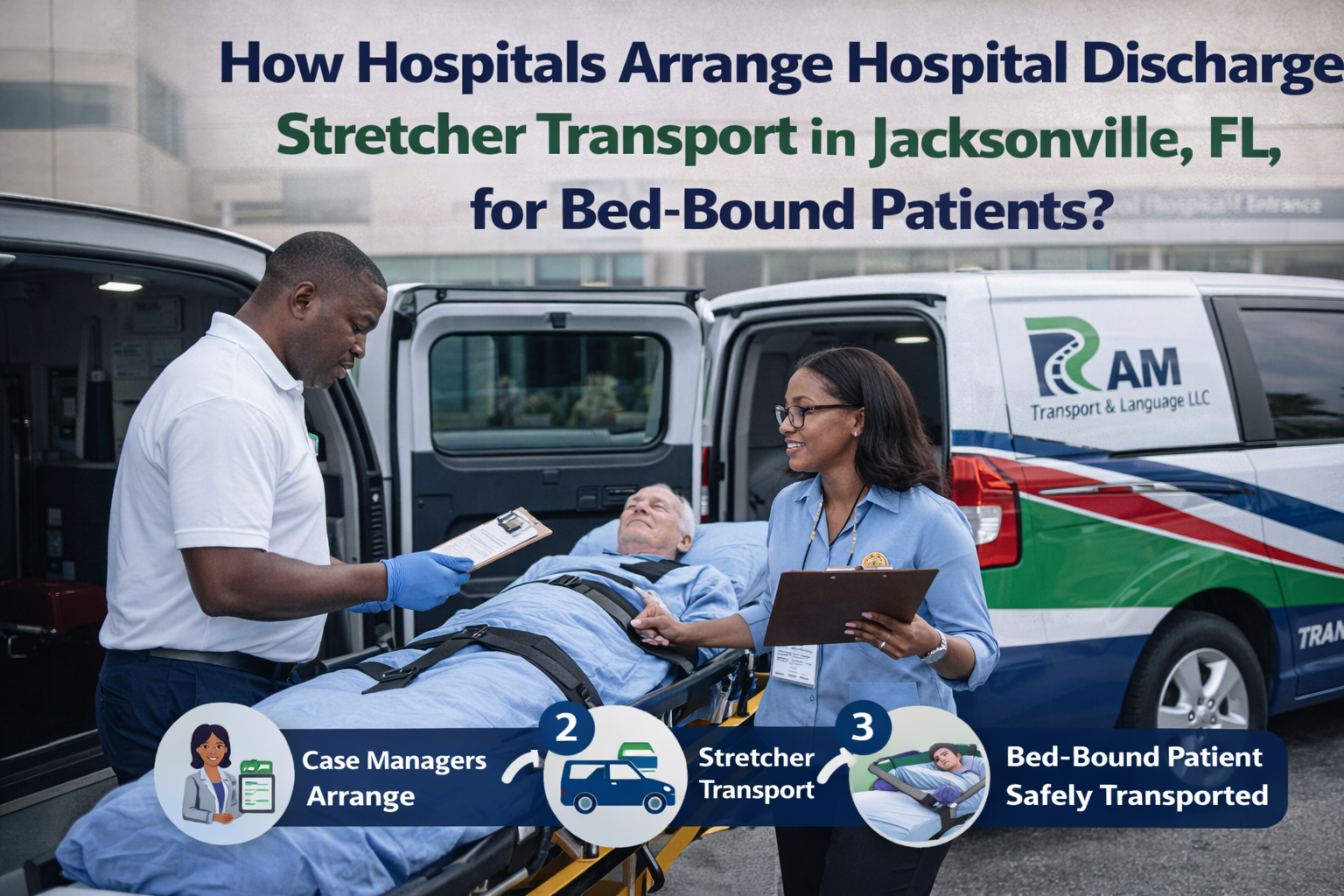 Hospital discharge stretcher transport in Jacksonville FL showing Ram Transport & Language LLC van with trained staff assisting a bed-bound patient on a stretcher, highlighting safe non-emergency medical transport, coordinated hospital discharge process, and professional patient handling.