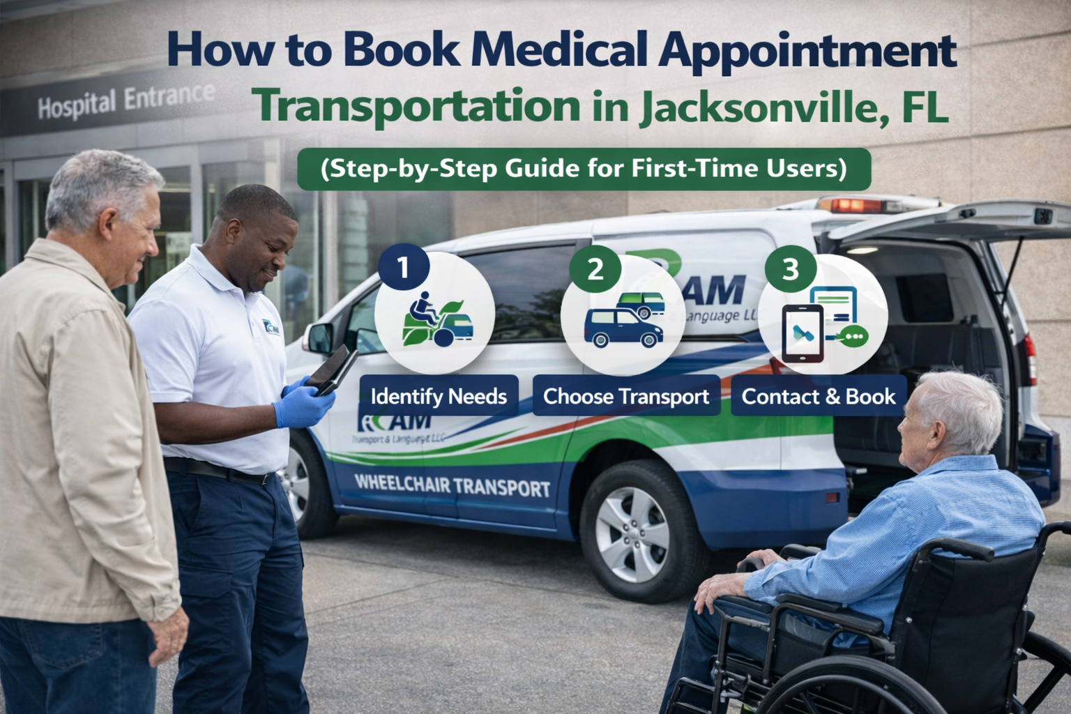 Long-distance stretcher transport from Baton Rouge showing Ram Transport & Language LLC van on a highway with medical staff monitoring a bed-bound patient inside, highlighting safe non-emergency patient transfer, professional handling, and comfortable travel between nearby cities.