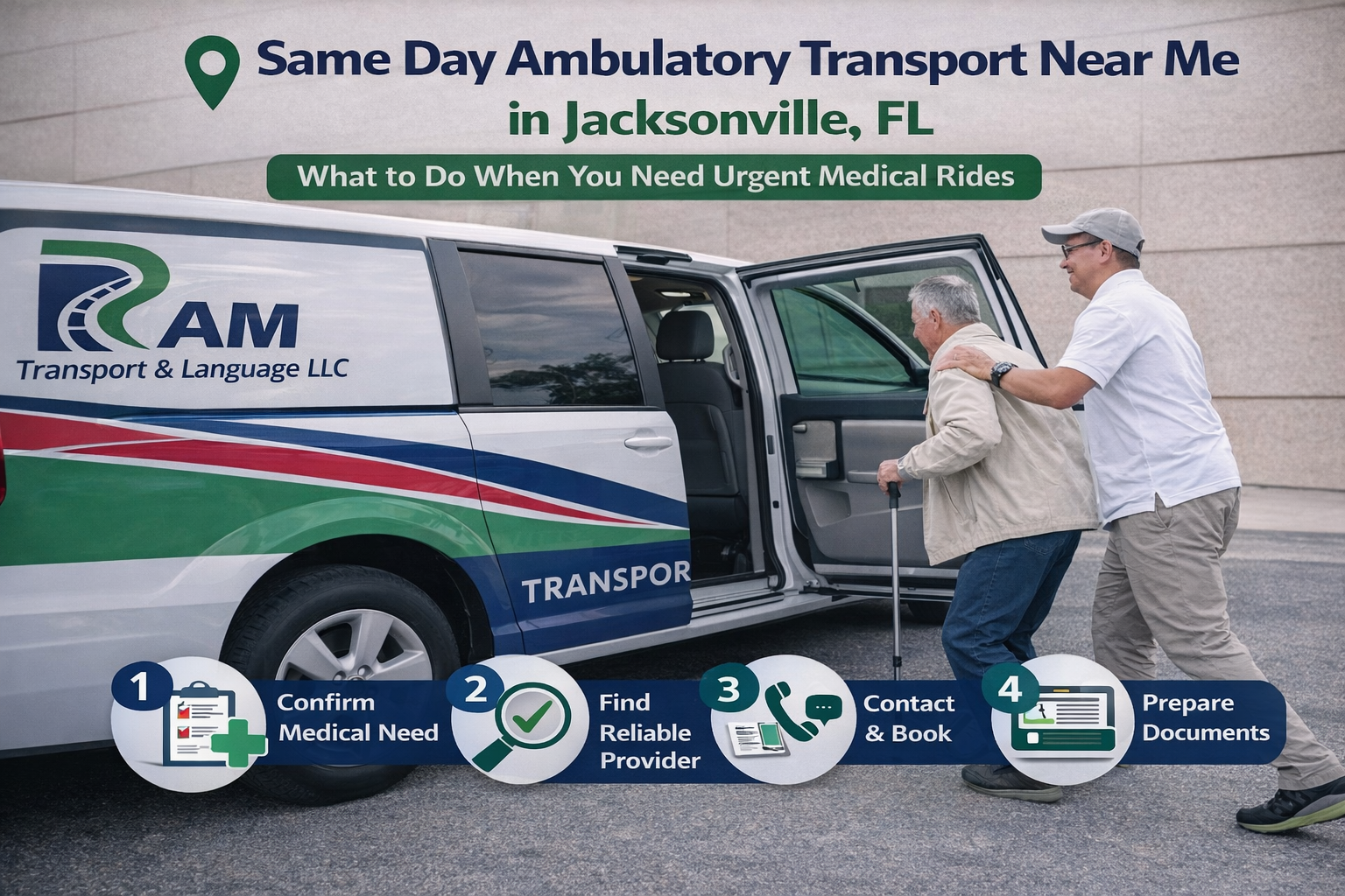 Wheelchair transportation cost guide in Baton Rouge showing a branded Ram Transport & Language LLC van assisting a patient in a wheelchair with a ramp, highlighting safe, reliable non-emergency medical transport for local and nearby trips.