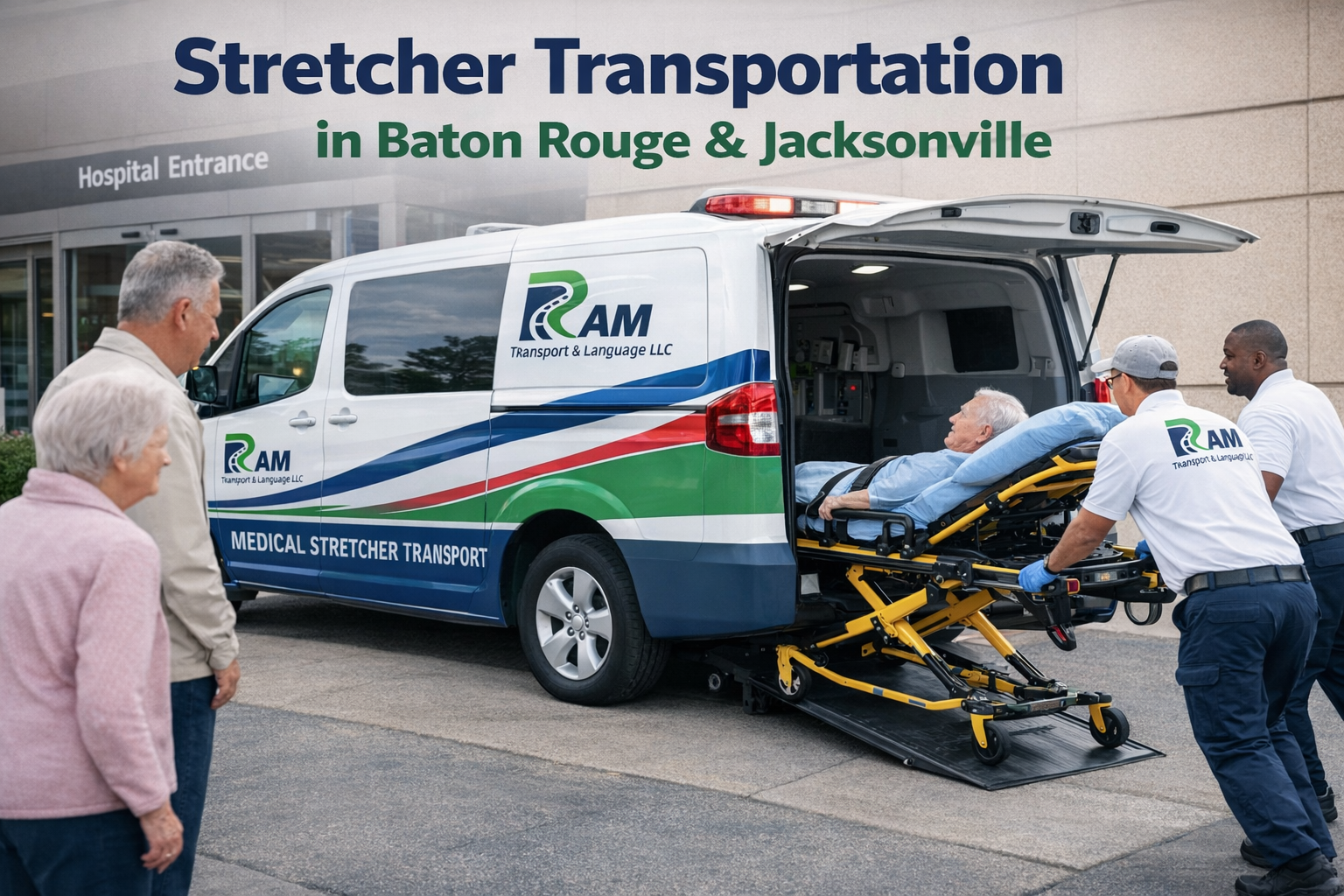 Stretcher transportation service by Ram Transport & Language LLC in Baton Rouge and Jacksonville, featuring a trained medical transport team safely assisting a bed-bound patient on a stretcher into a branded NEMT van for hospital discharge or long-distance transfer.