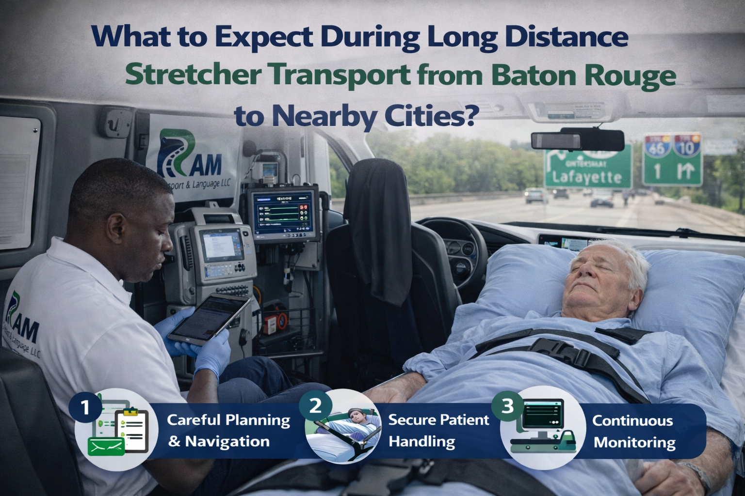 Medical appointment transportation booking in Jacksonville FL showing Ram Transport & Language LLC van assisting a patient, highlighting step-by-step NEMT booking process, safe non-emergency medical transport, and reliable service for wheelchair, ambulatory, and stretcher patients.
