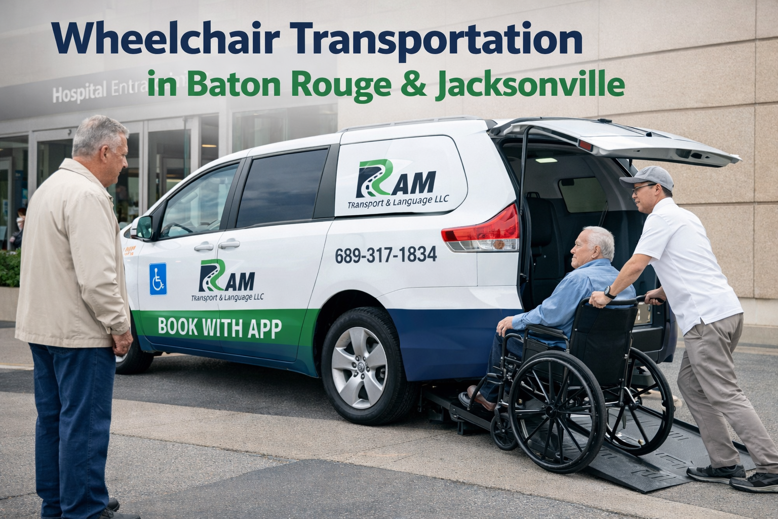 Wheelchair transportation service by Ram Transport & Language LLC in Baton Rouge and Jacksonville, showing a professional driver assisting a patient in a wheelchair into a branded NEMT van with a safety ramp for safe, reliable, door-to-door medical transport.